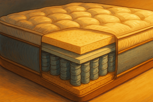 "نمای برش‌خورده از تشک طبی با فنر منفصل و فوم حافظه‌دار، مطابق با ترندهای کالای خواب 1404" 