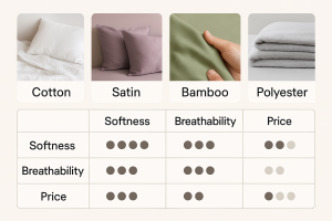 مقایسه چهار نوع پارچه ملحفه‌ای شامل کتان (Cotton)، ساتن (Satin)، بامبو (Bamboo) و پلی‌استر (Polyester) از نظر نرمی، قابلیت تنفس‌پذیری و قیمت. کتان نمره ۳ در نرمی، ۴ در تنفس‌پذیری و ۳ در قیمت دارد. ساتن بیشترین نرمی (۴) را دارد، اما تنفس‌پذیری و قیمت آن متوسط است. بامبو در همه‌ی دسته‌ها نمره متوسط دارد (۳). پلی‌استر پایین‌ترین نمره را در نرمی (۲) و تنفس‌پذیری (۲) دارد، اما ارزان‌ترین گزینه است (نمره ۴ در قیمت). 