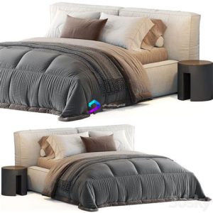 "تخت خواب با پارچه کالای خواب طوسی رنگ از جنس کتان یا میکروفایبر، مناسب برای دکوراسیون ساده و خواب خنک در فصول گرم" 