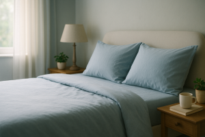 تخت مرتب با روبالشی‌های هماهنگ و مرغوب در رنگ‌های ملایم آبی پاستلی و کرم، در فضای آرامش‌بخش با نور طبیعی، همراه با لوازم تزیینی مثل گلدان کوچک و فنجان چای روی پاتختی، نمایی گرم و صمیمی از اتاق خواب