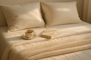 تخت مرتب با بالش‌های پف‌کرده و پتوی نرم در نور صبحگاهی برای افزایش عمر تشک و بالش و ایجاد خواب راحت