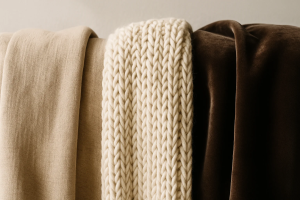 جزئیات سه مدل شال مبل با جنس پنبه‌ای، پشمی و مخمل در نور طبیعی