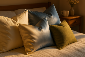 نمای نیمه‌مایل از چهار بالش با روبالشی‌های نخی سفید، ساتن کرم براق، ابریشم آبی نقره‌ای و میکروفایبر سبز زیتونی مات، با نورپردازی جهت‌دار گرم برای نمایش واضح بافت‌ها، در اتاقی با حس واقعی و لوازم جانبی ظریف