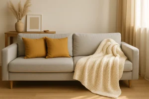 ست کردن مبل طوسی با شال مبل بافت کرم و کوسن خردلی برای دکوراسیون گرم و مدرن