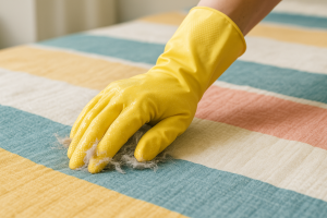 رفع پرز روتختی با استفاده از دستکش لاستیکی مرطوب به روش خانگی