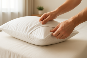 دست در حال کشیدن کاور محافظ روی تشک تمیز برای افزایش عمر تشک و بالش در اتاقی با نور طبیعی و ملافه سفید