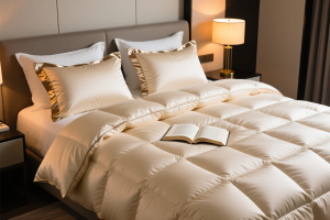 لحاف داون سبک و گرم به رنگ کرم روشن با جزئیات لوکس، چین‌های نرم و نمای ۴۵ درجه روی تخت خواب مدرن