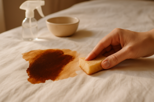 پاک کردن لکه سخت ملحفه و روتختی از قهوه تازه با دست و ابزار شستشو در صحنه واقعی 