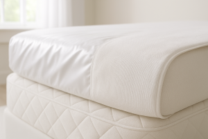 نمای نزدیک از دو نوع کاور تشک، یکی ضدآب و دیگری نخی، روی گوشه تشک با بافت و رنگ متفاوت