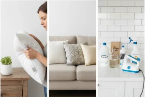 چطور بالش را ضدعفونی کنیم؟ نمایش سه مرحله شامل بررسی برچسب شست‌وشو، تشخیص نوع بالش و آماده‌کردن ابزارهایی مثل مایع لباس‌شویی، سرکه سفید، جوش‌شیرین، اسپری ضدعفونی‌کننده و بخارشوی روی کانتر آشپزخانه