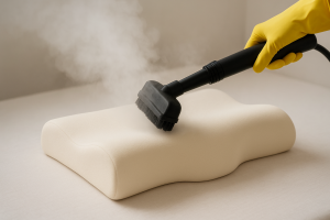 چطور بالش را ضدعفونی کنیم؟ استفاده از بخارشوی دستی برای تمیز کردن بالش مموری فوم با روکش کرم روشن و بخار ملایم