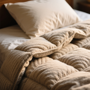 کلوزآپ از لحاف پشمی زمستانی با بافت طبیعی و ضخیم – گرم‌ترین مدل خواب