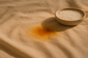 رفع لکه سخت ملحفه و روتختی از مواد غذایی رنگی مانند زردچوبه یا سس گوجه با استفاده از جوش شیرین و سرکه در صحنه واقعی