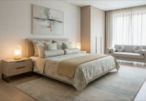 «اتاق خواب مدرن و مینیمال با روتختی ترک جدید ۲۰۲۵، رنگ‌های پاستلی، نورپردازی گرم و کوسن‌های هماهنگ»