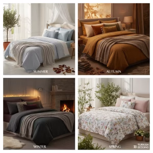 روتختی دونفره ترک در چهار فصل سال؛ مدل تابستانی پنبه‌ای روشن، پاییزی با رنگ‌های گرم، زمستانی مخمل تیره و بهاری با طرح گلدار و لطیف 