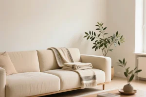 چیدمان مینیمال با مبل روشن و شال مبل ترک روی تکیه‌گاه