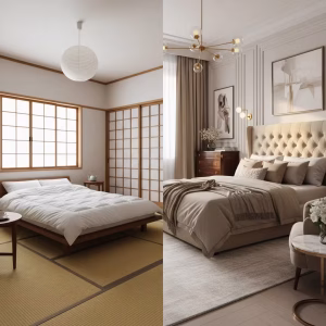 مقایسه اتاق خواب ژاپنی مینیمال دهه ۷۰ با اتاق خواب مدرن اروپایی مجهز به لحاف لایت – تحول طراحی و کیفیت 