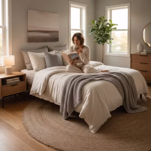 اتاق خواب مدرن با لحاف لایت – فردی در حال مطالعه و نوشیدن چای در فضایی آرام‌بخش 