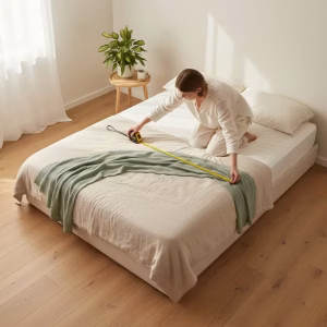 اندازه‌گیری تخت‌خواب با متر برای انتخاب سایز دقیق روتختی در اتاقی روشن و مینیمال."