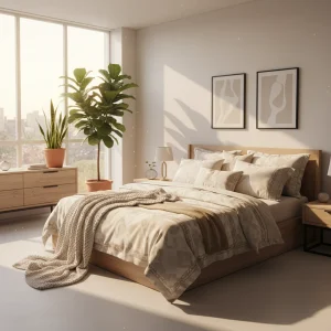 اتاق خواب روشن با روتختی ترک کرم ست شده با چوب طبیعی، گیاهان آپارتمانی و قاب‌های ساده روی دیوار 