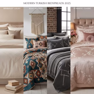 «کلاژ چهار ترند شیک روتختی ترک جدید ۲۰۲۵ شامل مینیمالیسم لوکس، بوهو مدرن، الهام صنعتی و رمانتیک کلاسیک» 