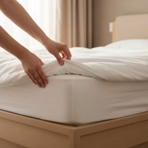 "نمای نزدیک از دست‌هایی در حال فیکس کردن گوشه روتختی سفید به زیر تشک به روش هتلی؛ نور روز با پس‌زمینه بژ گرم."