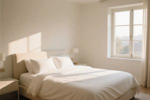 اتاق خواب مینیمال با نور طبیعی و روتختی ایده آل سفید که حس آرامش و کیفیت خواب را منتقل می‌کند.