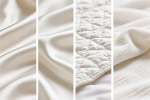 نمای نزدیک از پارچه‌های ساتن، ابریشم، پنبه‌دوزی و میکروفایبر برای روتختی عروس لوکس