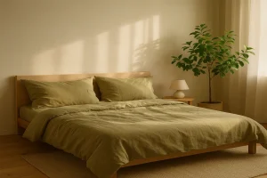 اتاق خواب مینیمال با نور صبحگاهی و روتختی زیتونی‑بژ | روتختی جدید ۱۴۰۴