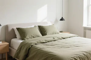 اتاق خواب مدرن با روتختی جدید ۱۴۰۴ در رنگ‌های زیتونی و بژ، نمایی آرام و طبیعی در سبک مینیمال