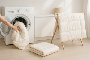 نکات نگهداری لحاف لایت شامل شستشو در ماشین لباسشویی و خشک کردن در سایه، حفظ نرمی و کیفیت برای استفاده طولانی‌مدت 