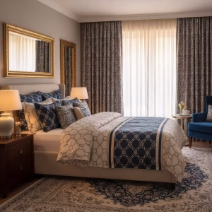 «اتاق خواب کلاسیک با ست کامل روتختی ترک جدید، پرده و فرش هماهنگ، ترکیب رنگ آبی و سفید با نورپردازی گرم» 