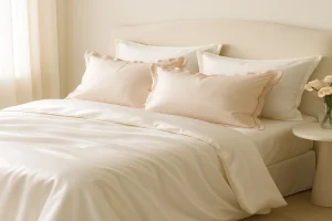 روتختی عروس لوکس در اتاق روشن با تُن سفید و رزگلد؛ حس آرامش و لطافت