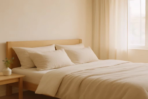 اتاق خواب مینیمال با روتختی شیک کرم روشن و نور طبیعی صبح