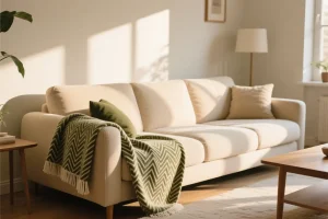 شال مبل ترک با بافت هیرینگ‌بون روی مبل کرم در نور گرم عصرگاهی