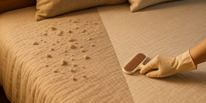 قبل و بعد رفع پرز روتختی با روش‌های خانگی ساده و مؤثر برای جلوگیری از پرزدهی