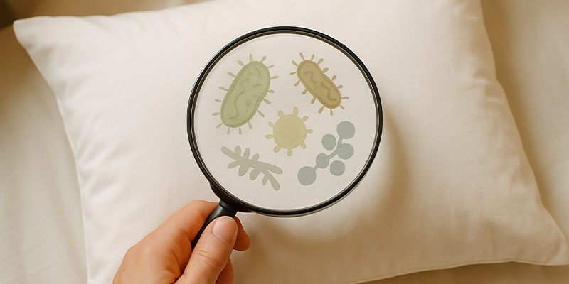 چطور بالش را ضدعفونی کنیم؟ نمای بزرگ‌شده میکروب‌ها روی بالش سفید با ذره‌بین در دست