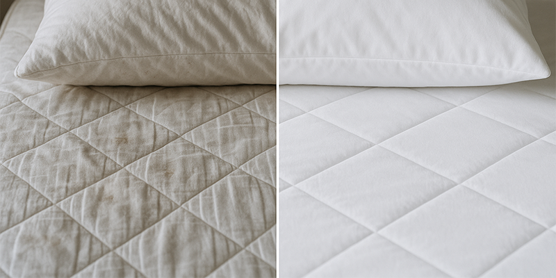 قبل و بعد از مراقبت صحیح برای افزایش عمر تشک و بالش با تخت مرتب و بالش‌های تمیز در صحنه‌ای طبیعی