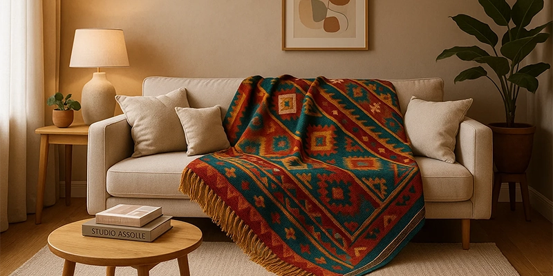 شال مبل رنگارنگ با طرح سنتی روی مبل کرم در یک نشیمن مدرن و گرم