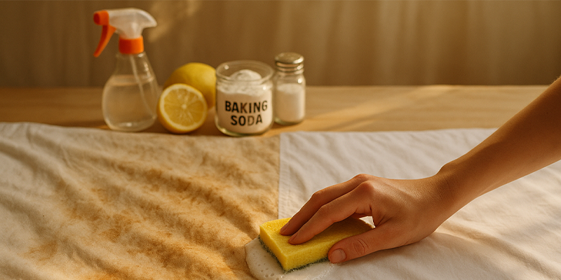 قبل و بعد پاک کردن لکه سخت ملحفه و روتختی با دست و ابزار شستشو در صحنه واقعی