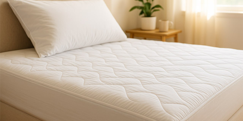 کاور تشک سفید با طراحی شیک روی تخت دونفره، در اتاق خوابی روشن و مینیمال