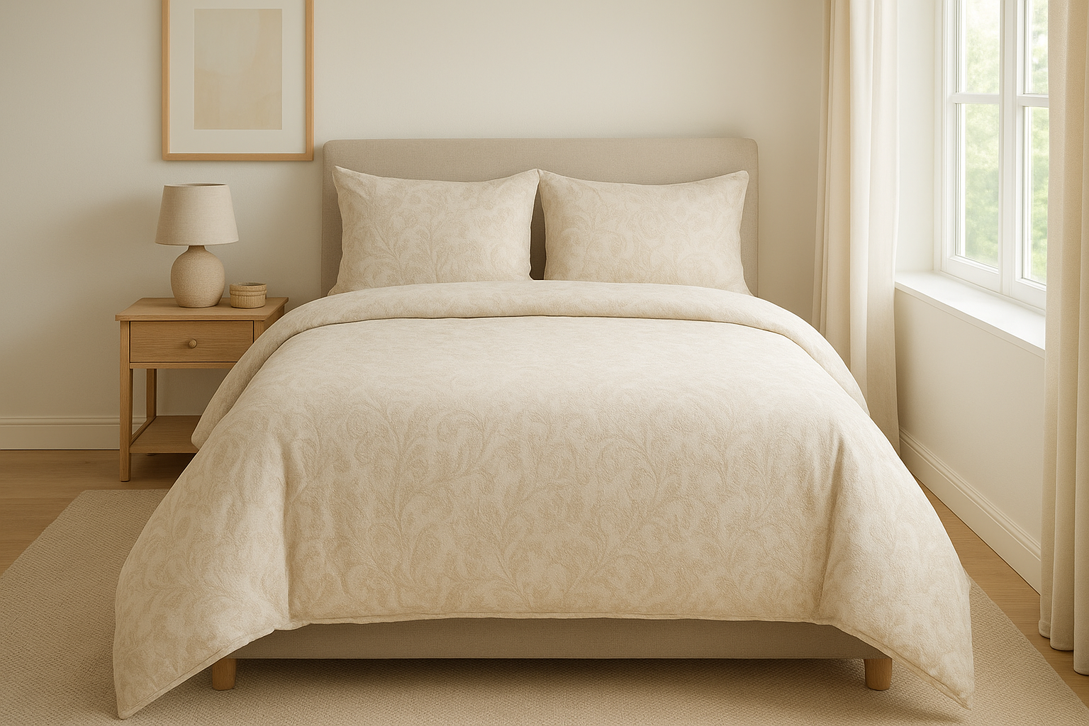 اتاق خوابی روشن و آرام با تخت دونفره و ست کامل روتختی کرم رنگ؛ نمایی طبیعی و شیک برای الهام در خرید روتختی و انتخاب مناسب برای دکور اتاق خواب.