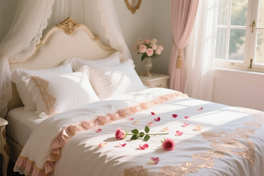 روتختی عروس سفید رزگلد با طراحی لوکس و حس آرامش در اتاق خواب تازه‌عروس‌ها