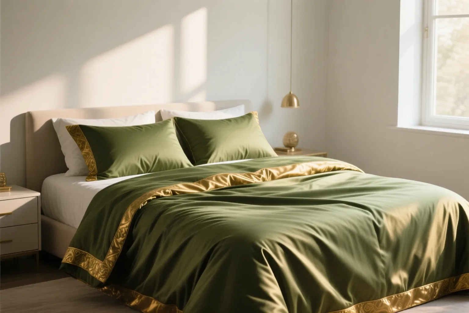 خرید روتختی ترک لوکس با بافت ظریف و درخشش زیتونی–طلایی، نور طبیعی صبح و جزئیات دقیق دوخت در دکور مینیمال.