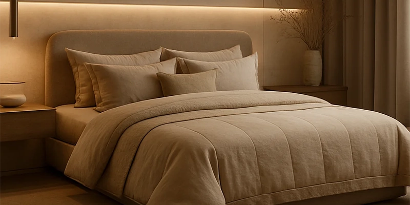 اتاق خواب مدرن با روتختی ترک ۲۰۲۵ رنگ کرم و دکوراسیون مینیمال، نور طبیعی روز