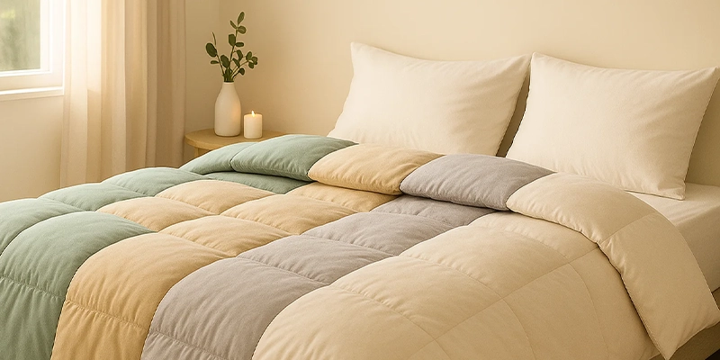 چیدمان لحاف لایت در رنگ‌های ترند سبز مریم‌گلی، بژ شن‌ماهی، طوسی کبوتر و کرم روشن روی تخت مینیمال با نور گرم طبیعی