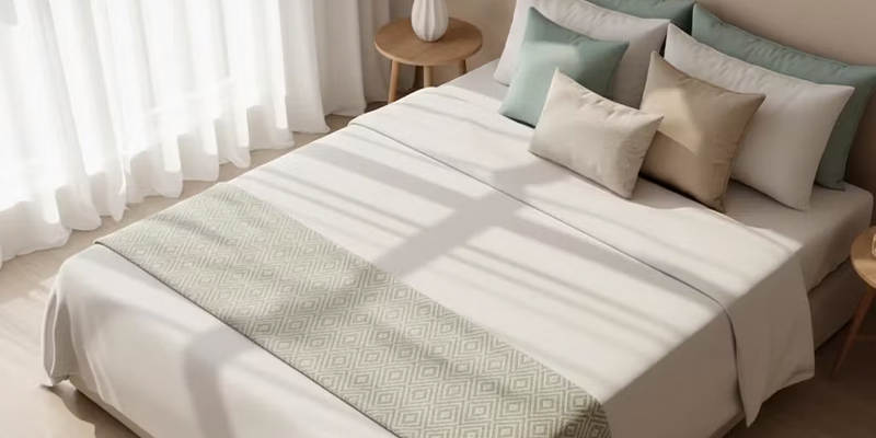 نمای ایزومتریک از تخت مرتب با روتختی صاف، رانر هندسی نعنایی و کوسن‌های پاستلی، با نور صبحگاهی طبیعی در اتاق مینیمال.